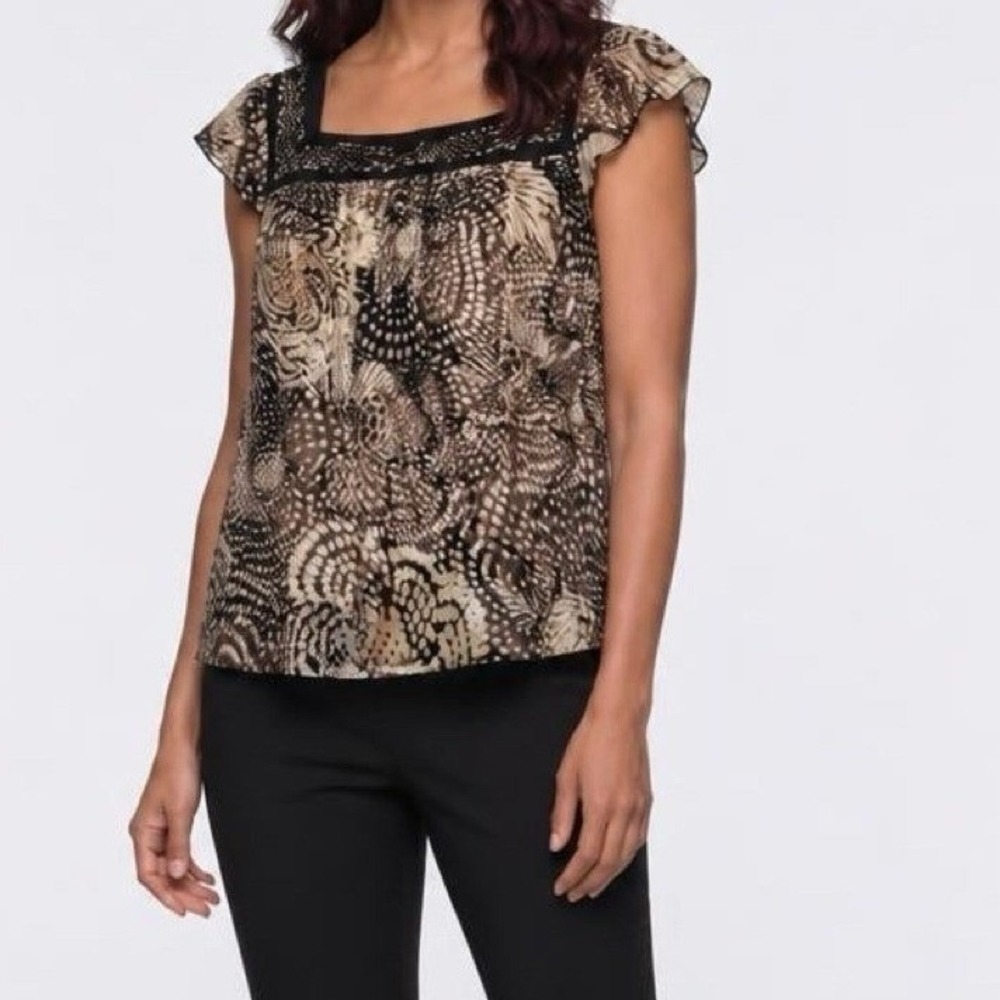Axcess Blouse Women Medium Black Tan Boho Flutter Sleeve Mesh Square Neck Top